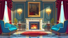 A Classic Living Room Interior With A Sofa, Armchairs, And Marble Fireplace. Modern Cartoon Illustration Of An Empty Living Room With Red Curtains And Gilt Frames For Paintings.