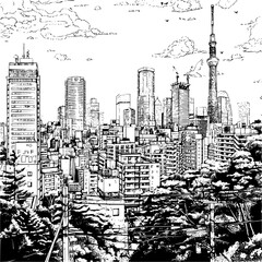 Wall Mural - Urban Tokyo City Skylines Line Art with Greenery, Tokyo Illustration Sketch