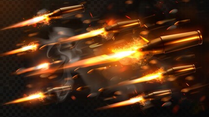 Set of realistic flying bullets with smoke trail fired from weapons, guns, or pistols with realistic fire and smoke traces. Modern realistic set with different calibers of bullets fired from guns.