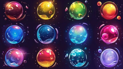 Poster - Sprites of a soap bubble burst for entertainment or games. Modern storyboard of a realistic water sphere explosion with splashes and drops. Set of sequences explosion of shiny rainbow bubbles.