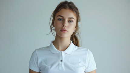 Poster - On a white background, a young woman is wearing a white polo shirt