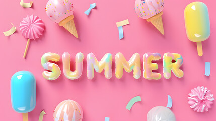 Wall Mural - Colorful inflatable ice creams and SUMMER text, pink background, minimalistic