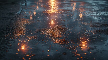 Wall Mural - Rain drops on the asphalt road in the city at night. Abstract background bokeh effect.