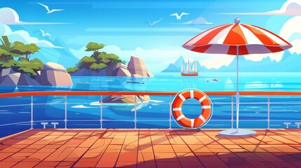 Wall Mural - Grassy ocean landscape with islands, rocks and seagulls. Cartoon illustration of a wooden boat deck with railing and lifebuoy on a quay.