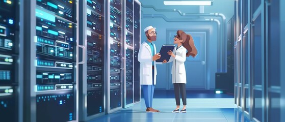 Poster - An IT engineer shows a female chief engineer a working data center / server room.