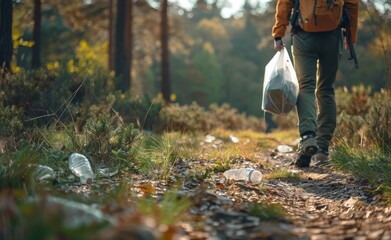 Hiker picking up litter along a trail in a national park