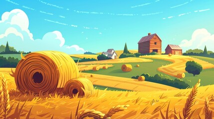 Wall Mural - Agricultural field with hay bales on a pasture. Modern illustration of a rural landscape with wheat straw rolls, barns and yellow haystacks.