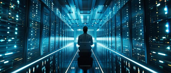 Poster - IT engineer working on laptop in a gigantic data center. Rack servers are stacked in rows.
