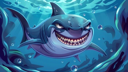 Wall Mural - Angry and happy shark under water in ocean. Modern poster illustrations of sea wildlife illustrating scary teeth, smiling and evil underwater sea creatures.