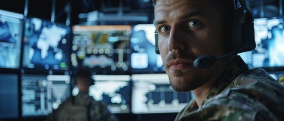 Poster - Military Technical Support Professional uses headset to give instructions. He's in a monitoring room with other officers and many displays in the background.