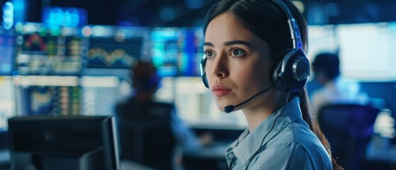 Poster - Working in a Technical Support Team, a female gives instructions via headset. In the background, people are working and monitors show various information.