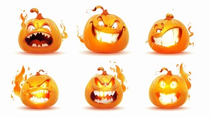 Wall Mural - A set of Halloween squash mascots laughing, jack-o-lantern cartoon character emojis, with glowing eyes and toothy mouths.