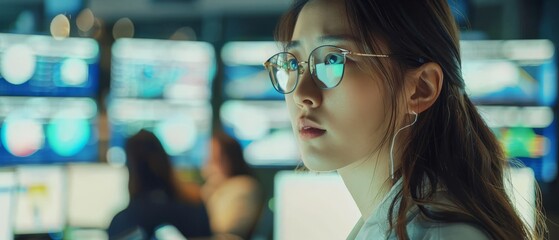 Poster - A young female government employee wears glasses and operates a tablet in a system control center. In the background, many other coworkers are at their workspaces viewing displays.