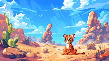 Wall Mural - An African tiger cub playing with tumbleweed in a hot desert landscape. Wild baby predator lifestyle in a dry desert landscape with cacti and rocks, cartoon illustration.