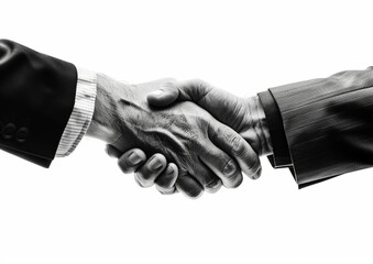 Two hands are shaking, on a white background. The hand holding money is in the style of a businessman concluding a deal, while the suited hand represents a formal business interaction. 