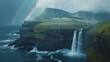 Faroe Island, waterfall serves as a dynamic centerpiece