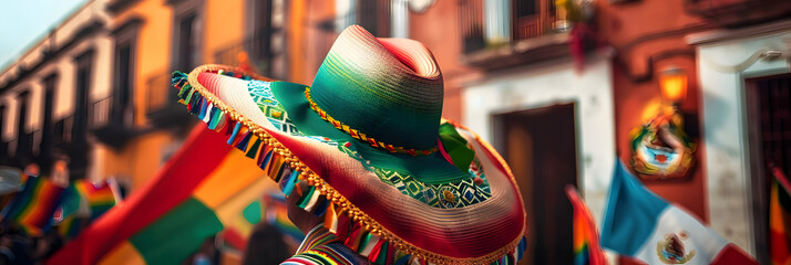 Canvas Print - Colorful Fiesta on the Streets of Mexico - Celebrating Cinco de Mayo with a Mexican Hat and Flag