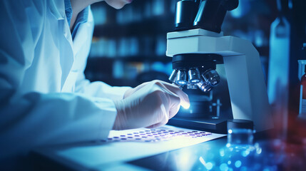 A detailed view of a medical researcher examining samples under a microscope in a laboratory, focusing on innovation and scientific discovery in medicine