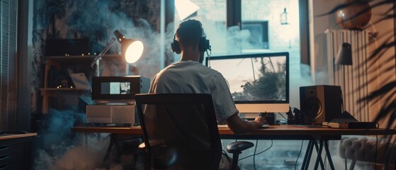 Poster - videographer edits and cuts footage and sound on his computer, uses headphones and monitors in his l