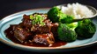 Healthy dish of broccoli and beef in sauce with a side dish of white rice.