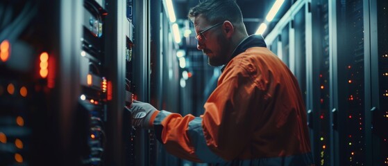 Poster - An IT engineer installs a hard drive in a server rack in a fully functioning data center. Technically accurate and detailed footage.