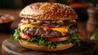 A towering burger with juicy patties, melted cheese, and crisp lettuce, stacked high on a sesame seed bun.