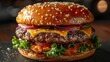 A towering burger with juicy patties, melted cheese, and crisp lettuce, stacked high on a sesame seed bun.
