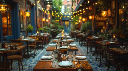 Poster - A restaurant with tables and chairs set up for a meal, AI