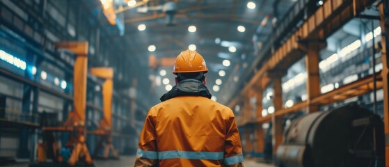 Poster - Heavy Industry Manufacturing Factory with Various Metalworking Processes with Industrial Engineer wearing Hard Hat and Safety Jacket.