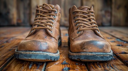 Canvas Print - A pair of a brown boot sitting on top of some wood, AI