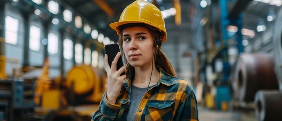 Poster - Female industrial worker with hard hat holds mobile phone while walking through heavy industry manufacturing factory. In the background, several metalwork parts are lying on the floor.