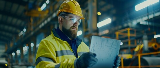 Poster - Work is in progress in a heavy industrial manufacturing factory with an industrial engineer wearing a hard hat wearing a safety jacket using a laptop.