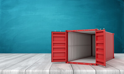 Poster - 3d rendering of open empty red shipping container on white wooden floor and dark turquoise backgroun