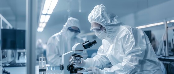 Sticker - Two engineers/scientists/technicians in sterile cleanroom suits adjust and research electronic components using microscopes. In an electronic components factory.