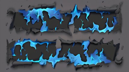Poster - Paper borders and frames with scorched and smoldering edges with magic flame isolated on gray background. Scratched and torn edges with blue fire and black ash.