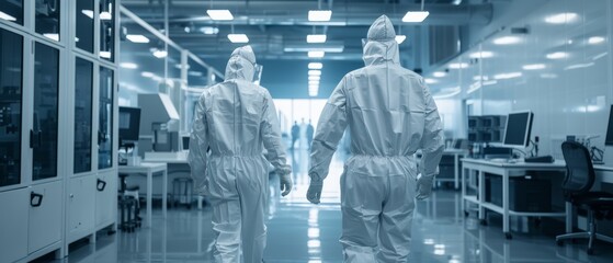 Poster - a clean high-tech environment with cnc machines surrounds two engineers and scientists in hazmat sui