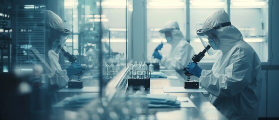Poster - Working in a factory that manufactures electronics components, two engineers in sterile cleanroom suits use microscopes to adjust and research components.