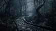 Blank mockup of a terrifying haunted trail winding through a dark forest with jump scares and hidden creatures. .
