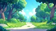 Forest glade in a sunny day. Modern cartoon illustration of green trees, grass, bushes, and path in deep woods, nature park, or garden.