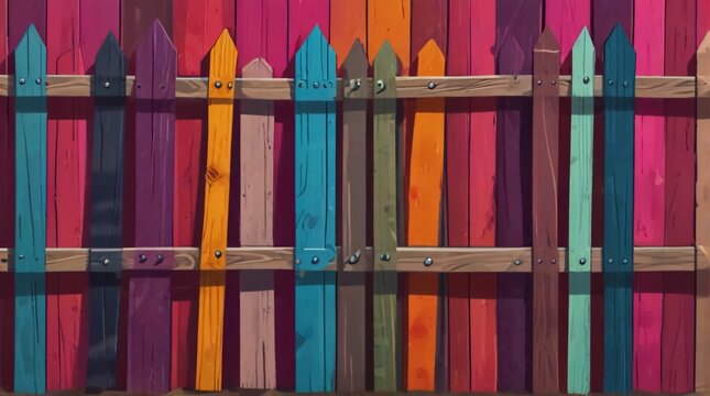 A vibrant cartoon illustration of a wooden fence featuring a variety of tints and shades, creating a beautiful pattern with a magenta door in a rectangle fixture