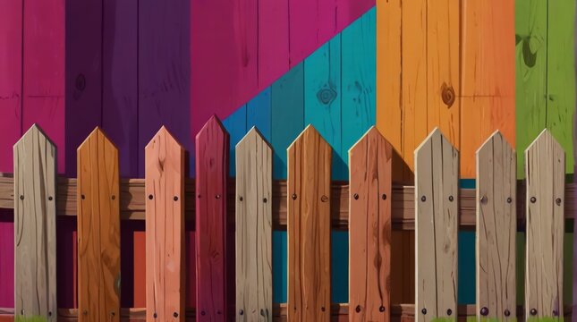 A vibrant cartoon illustration of a wooden fence featuring a variety of tints and shades, creating a beautiful pattern with a magenta door in a rectangle fixture