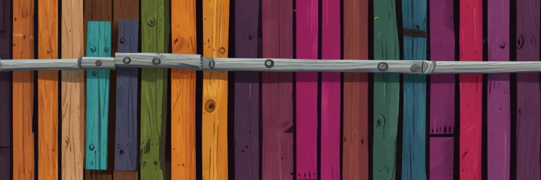 A vibrant cartoon illustration of a wooden fence featuring a variety of tints and shades, creating a beautiful pattern with a magenta door in a rectangle fixture