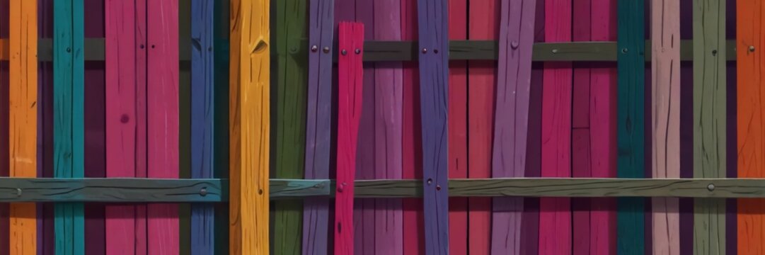 A vibrant cartoon illustration of a wooden fence featuring a variety of tints and shades, creating a beautiful pattern with a magenta door in a rectangle fixture