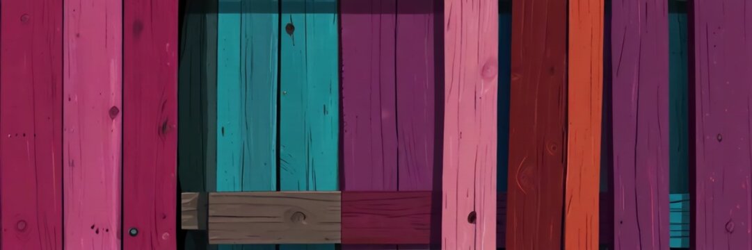 A vibrant cartoon illustration of a wooden fence featuring a variety of tints and shades, creating a beautiful pattern with a magenta door in a rectangle fixture