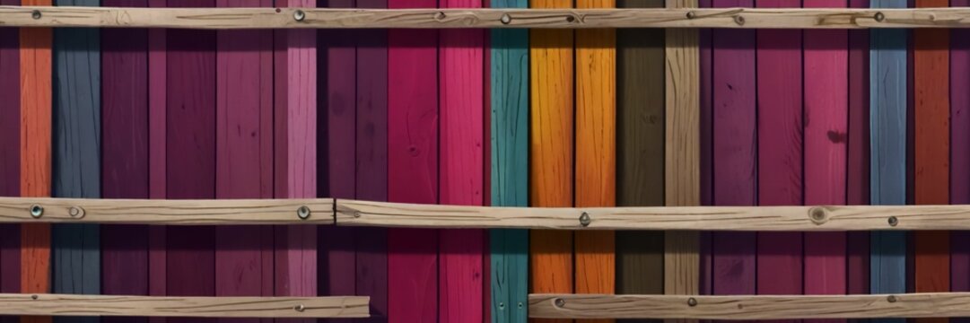 A vibrant cartoon illustration of a wooden fence featuring a variety of tints and shades, creating a beautiful pattern with a magenta door in a rectangle fixture