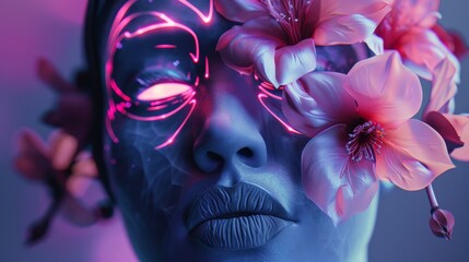 Wall Mural - A woman's face is surrounded by flowers, with a glowing, neon light effect