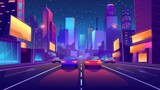 Fototapeta  - At night, cars drive on city streets with neon lights, skyscrapers, and stars in the sky. Cityscape modern illustration showing cars on city streets.