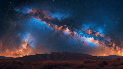 A mesmerizing panorama of the Milky Way galaxy unfolding above a serene desert mountain range at night.