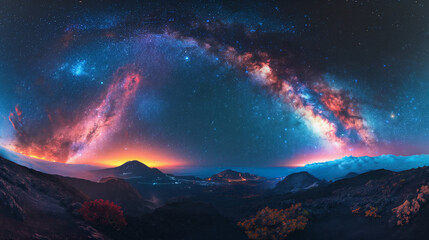 A mesmerizing panorama of the Milky Way galaxy unfolding above a serene desert mountain range at night.