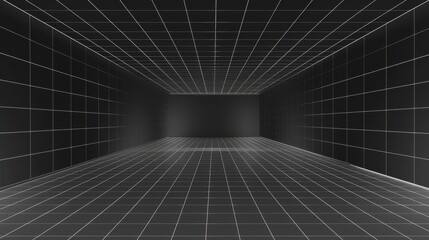 Poster - Detailed 3D perspective of black wireframe room background with walls, ceilings, floors, corners. Abstract virtual space.
